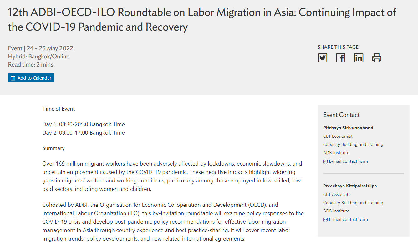 12th ADBI-OECD-ILO Roundtable on Labor Migration in Asia: Continuing Impact of the COVID-19 Pandemic and Recovery